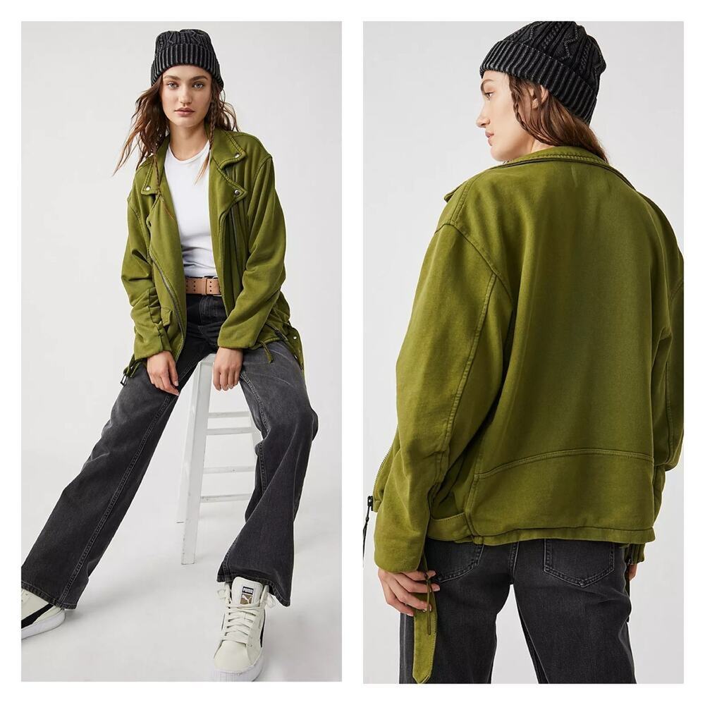 Free People We The Free Rebel Knit Moto Jacket In Olive Sparrow Size S